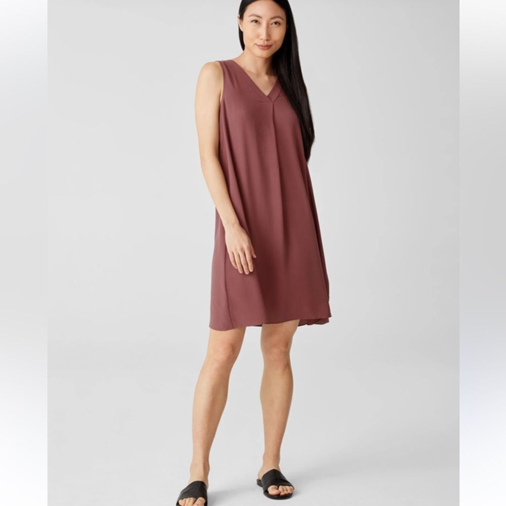 Eileen Fisher Silk Georgette Crepe Pleated Dress V-Neck in Dusty Rose Sz L